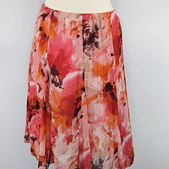 CJ Banks Orange and Pink Floral Elastic Waist Skirt - Picture 1 of 6